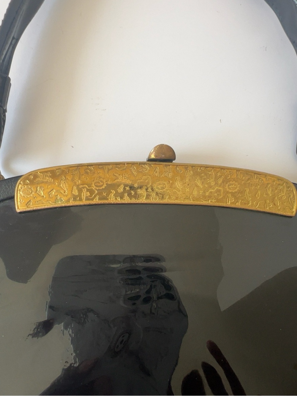 Vintage Lewis Black Patent Handbag 1960s Gold Hardware Structured Top Handle - Picture 7 of 11